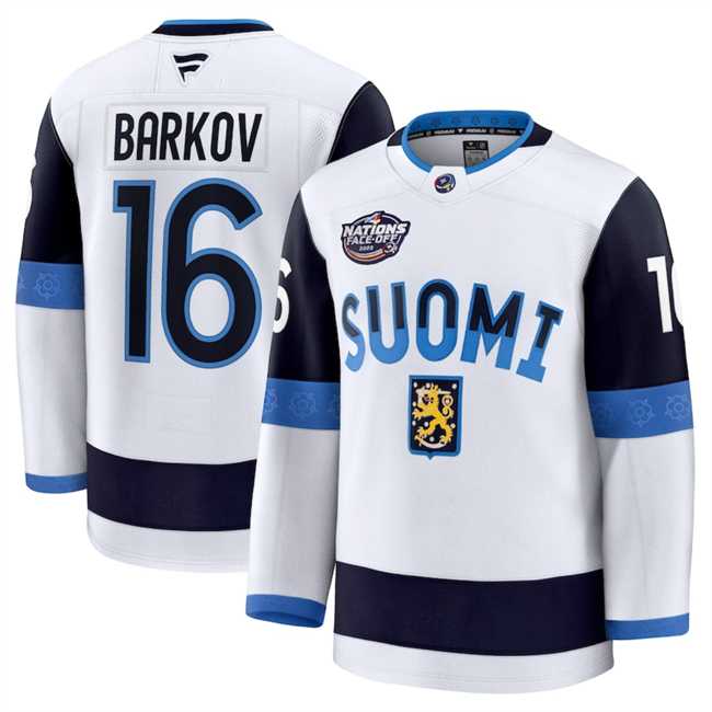 Men%27s Finland #16 Aleksander Barkov White 2025 4 Nations Face-Off Premium Stitched Jersey Dzhi